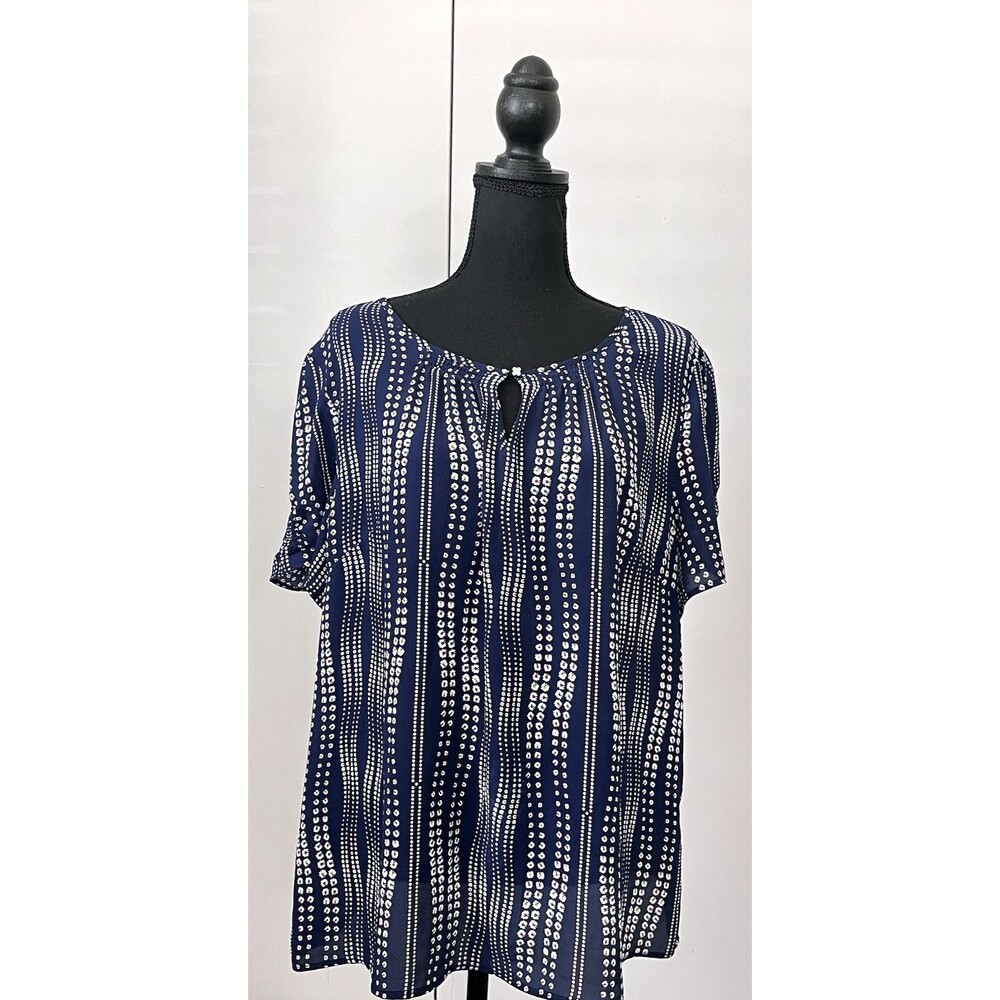 Talbots Petite Blue Multicolor Wavy Dots Top‎ Blouse Keyhole Short Sleeve XL